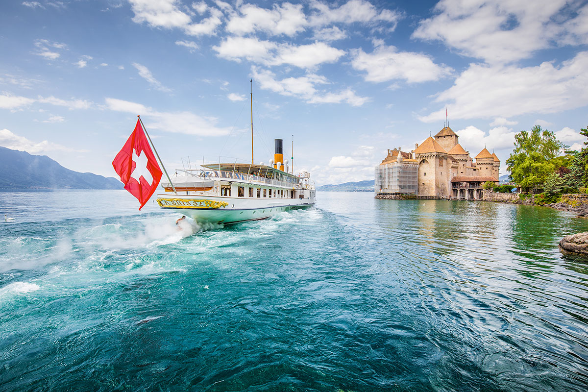 Paddle Steamer With Famous Chateau De Chillon At Lake Geneva, Ca